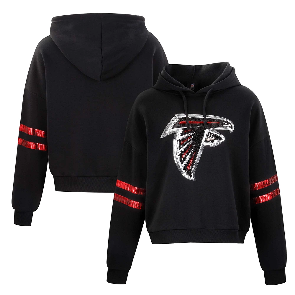 Women's Cuce Black Atlanta Falcons Cropped Sequins Pullover Hoodie