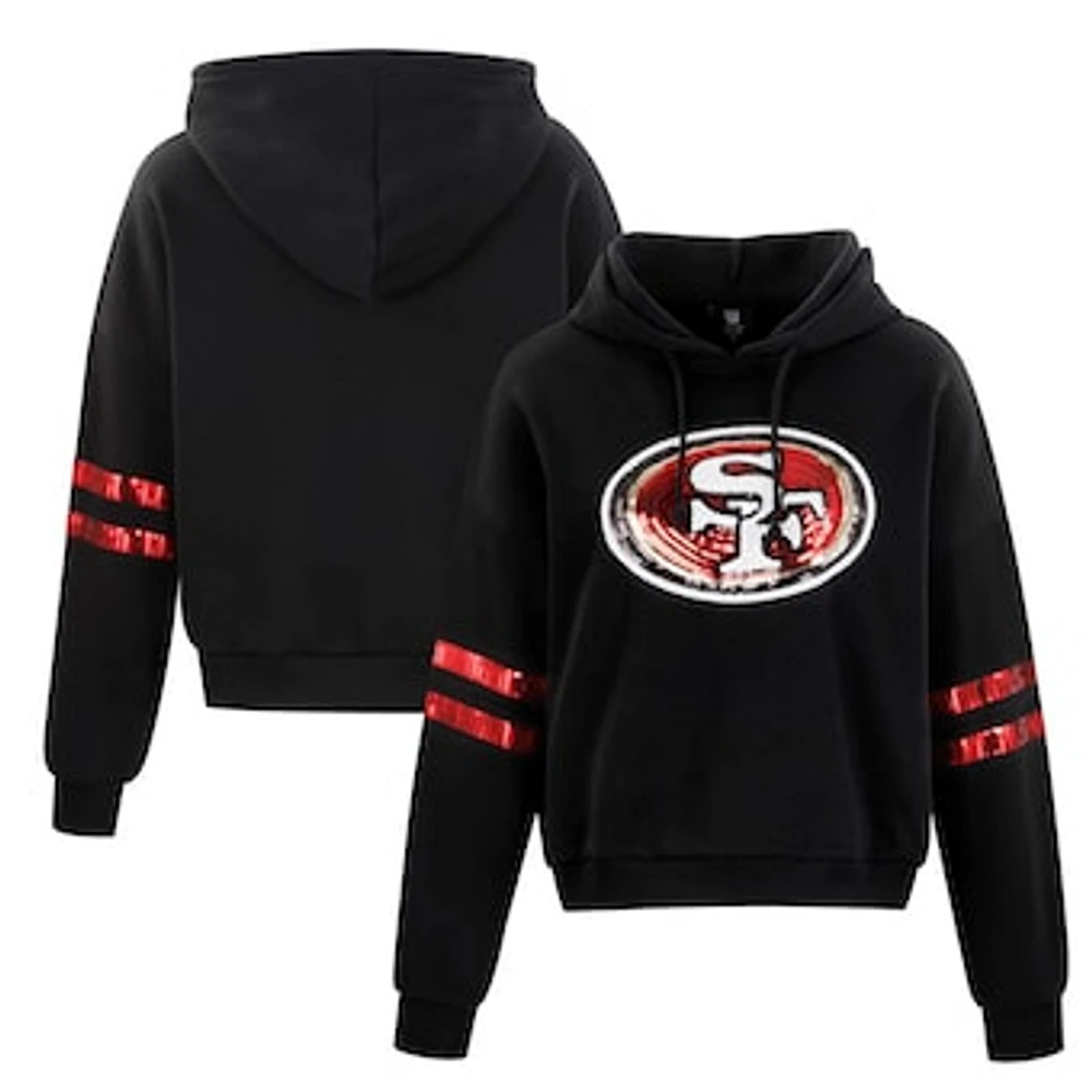 Women's Cuce Black San Francisco 49ers Cropped Sequins Pullover Hoodie