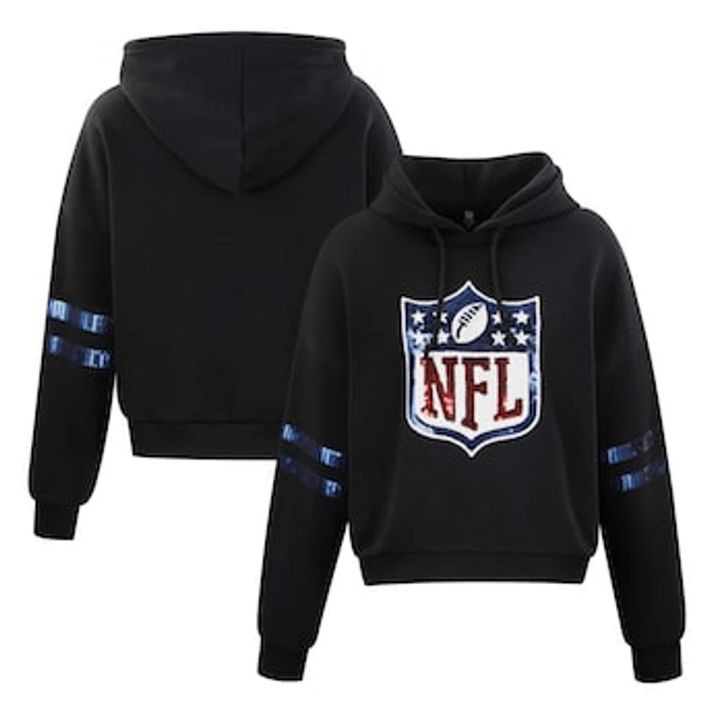 Women's Cuce Black Shield Merchandise Cropped Sequins Pullover Hoodie