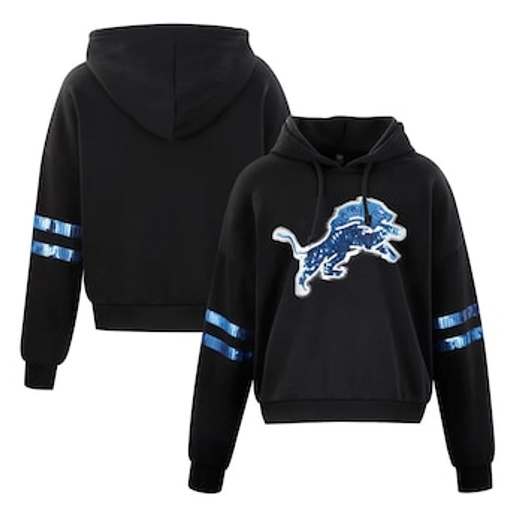 Women's Cuce Black Detroit Lions Cropped Sequins Pullover Hoodie