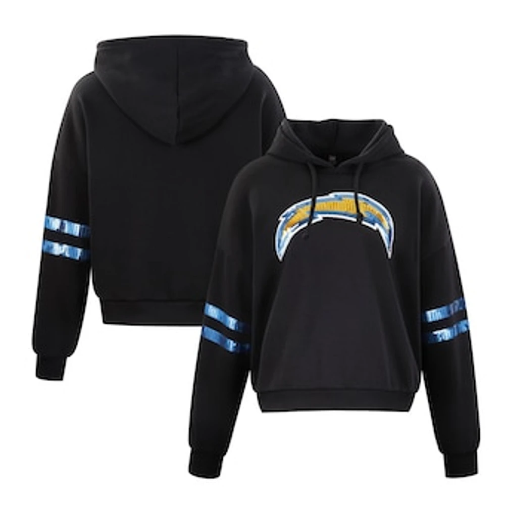 Women's Cuce Black Los Angeles Chargers Cropped Sequins Pullover Hoodie