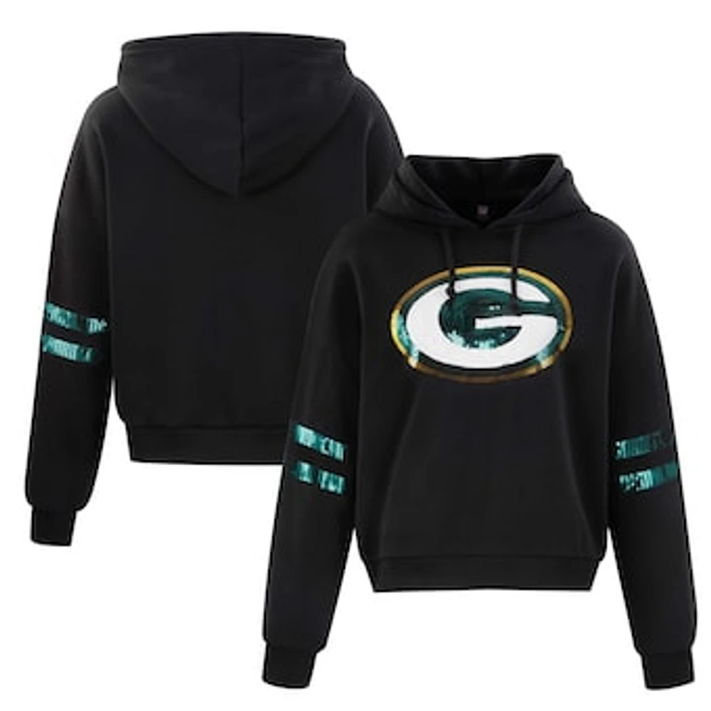 Women's Cuce Black Green Bay Packers Cropped Sequins Pullover Hoodie