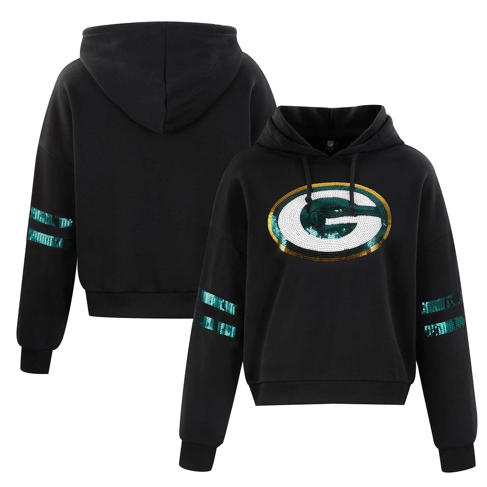 Women's Cuce Black Green Bay Packers Cropped Sequins Pullover Hoodie