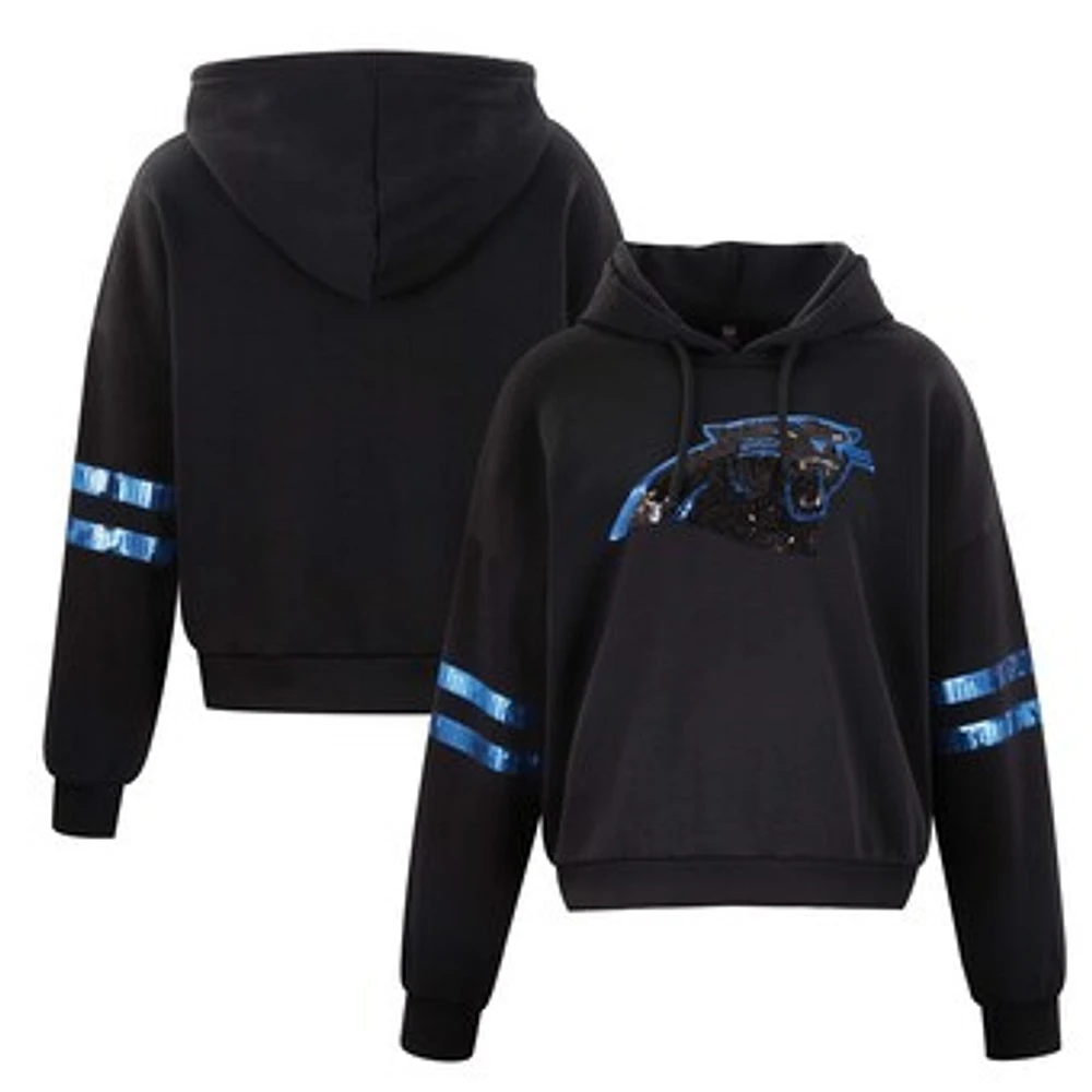 Women's Cuce Black Carolina Panthers Cropped Sequins Pullover Hoodie