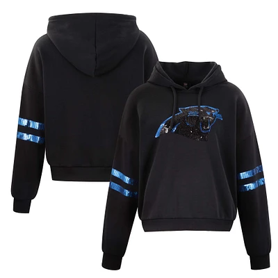 Women's Cuce Black Carolina Panthers Cropped Sequins Pullover Hoodie