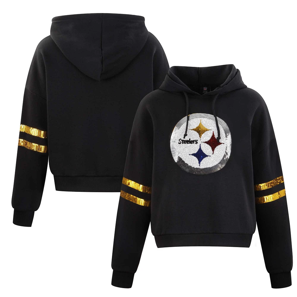 Women's Cuce Black Pittsburgh Steelers Cropped Sequins Pullover Hoodie