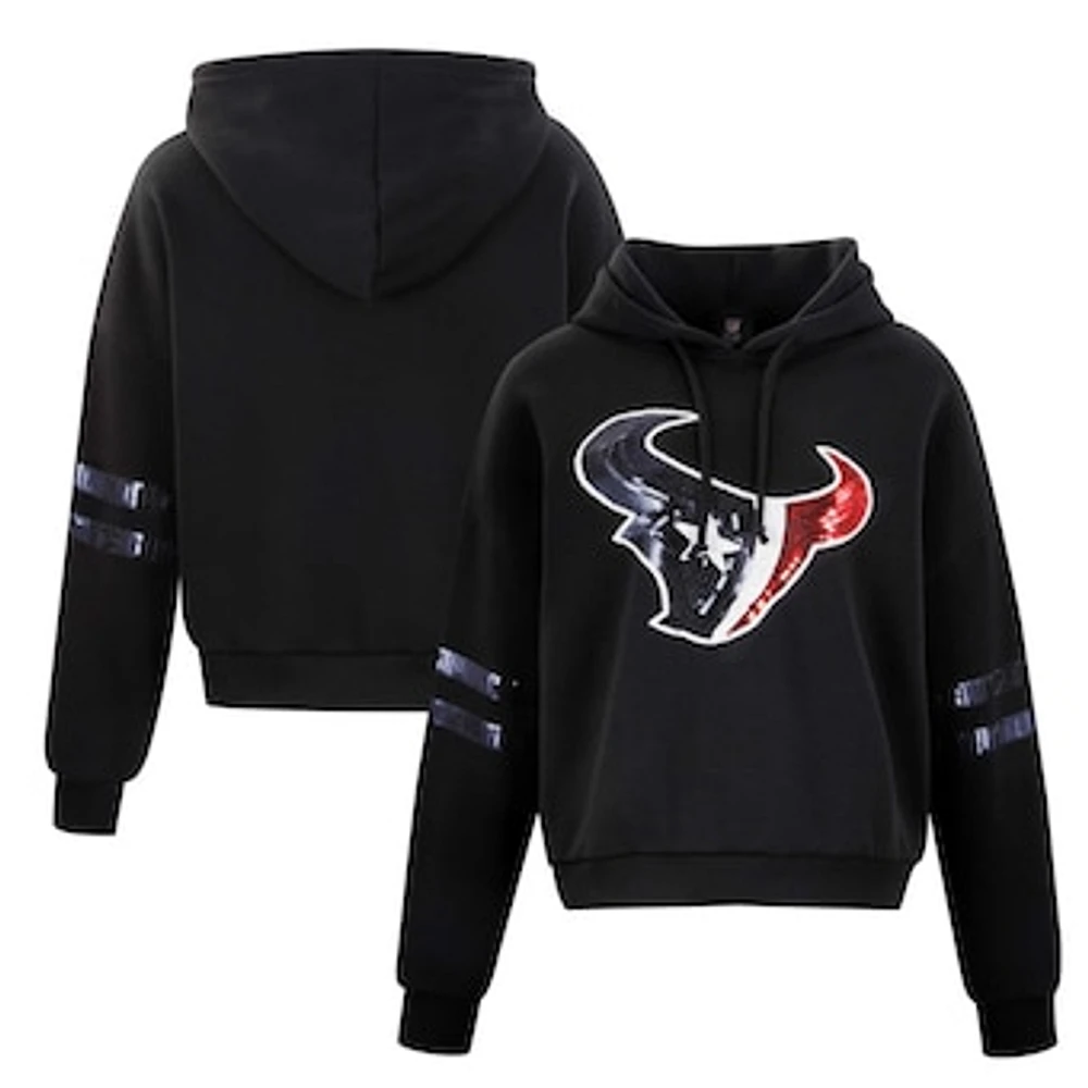 Women's Cuce Black Houston Texans Cropped Sequins Pullover Hoodie