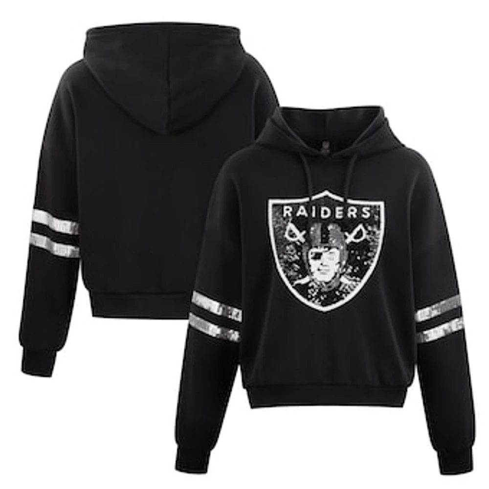 Women's Cuce Black Las Vegas Raiders Cropped Sequins Pullover Hoodie