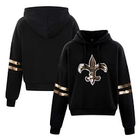 Women's Cuce Black New Orleans Saints Cropped Sequins Pullover Hoodie