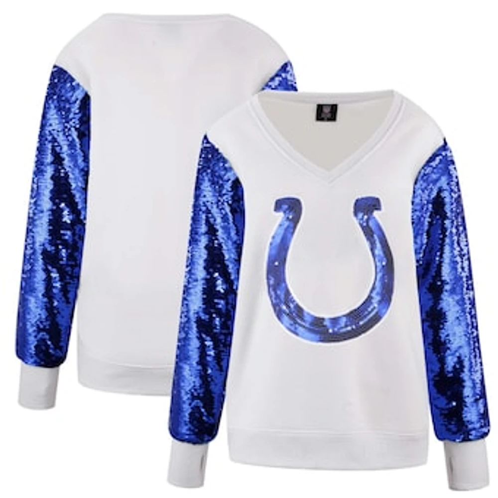 Women's Cuce White Indianapolis Colts Sequin Sleeve V-Neck Pullover Sweatshirt