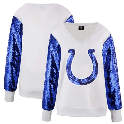 Women's Cuce White Indianapolis Colts Sequin Sleeve V-Neck Pullover Sweatshirt