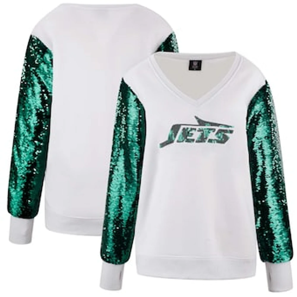 Women's Cuce White New York Jets Sequin Sleeve V-Neck Pullover Sweatshirt