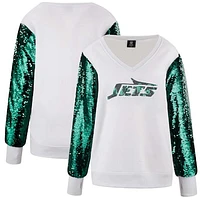 Women's Cuce White New York Jets Sequin Sleeve V-Neck Pullover Sweatshirt