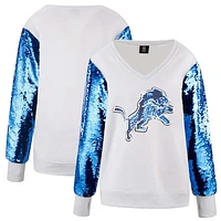 Women's Cuce White Detroit Lions Sequin Sleeve V-Neck Pullover Sweatshirt