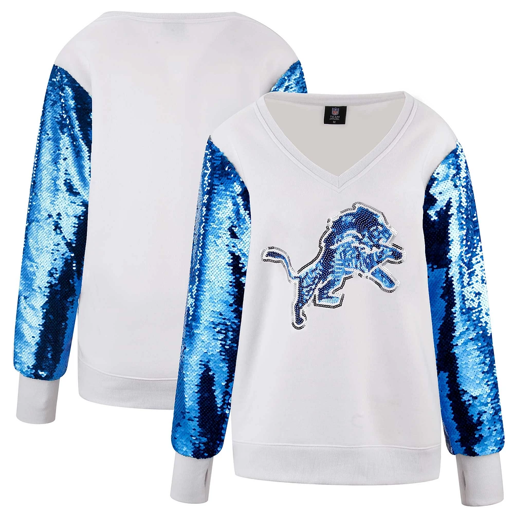 Women's Cuce White Detroit Lions Sequin Sleeve V-Neck Pullover Sweatshirt