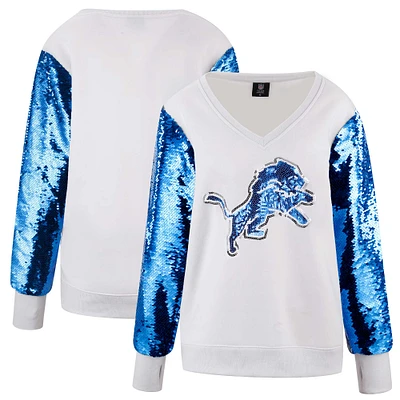 Women's Cuce White Detroit Lions Sequin Sleeve V-Neck Pullover Sweatshirt