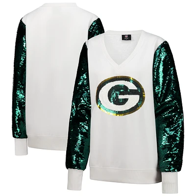 Women's Cuce White Green Bay Packers Sequin Sleeve V-Neck Pullover Sweatshirt