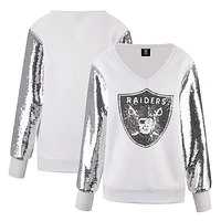 Women's Cuce White Las Vegas Raiders Sequin Sleeve V-Neck Pullover Sweatshirt