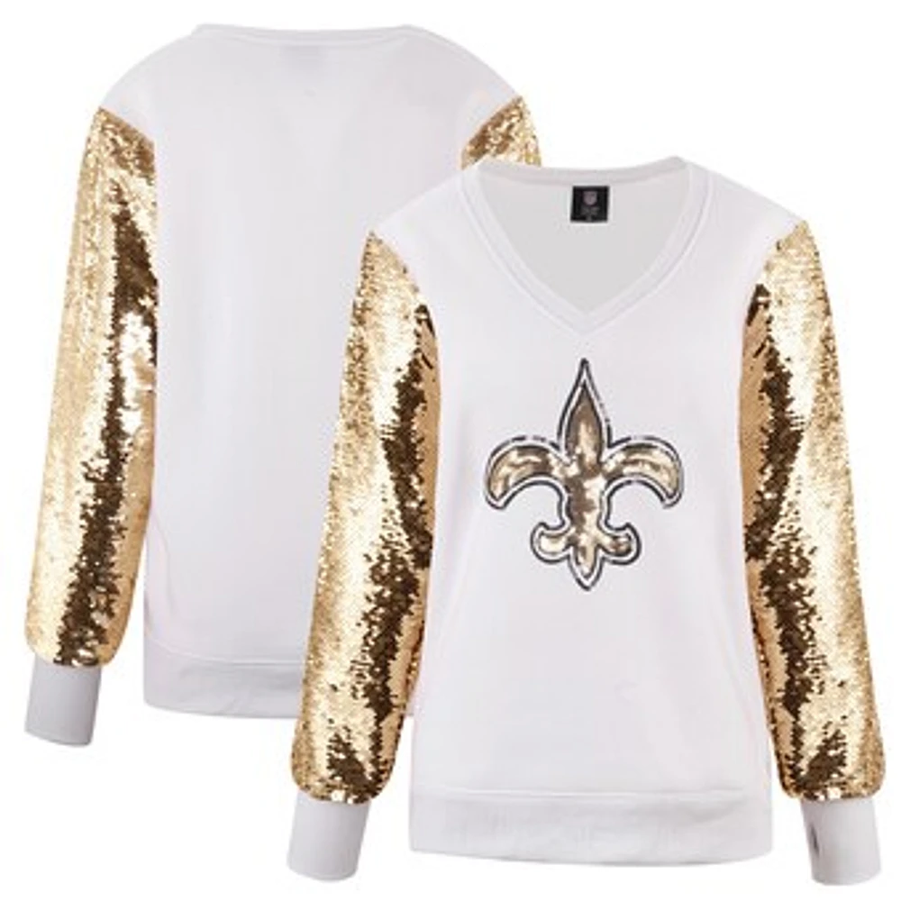 Women's Cuce White New Orleans Saints Sequin Sleeve V-Neck Pullover Sweatshirt