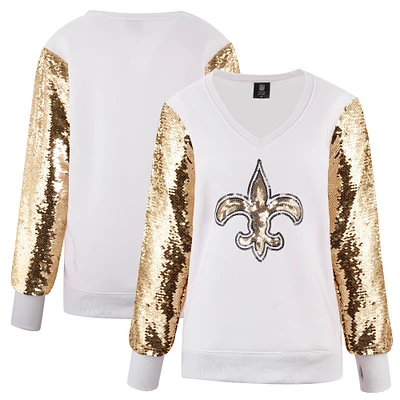 Women's Cuce White New Orleans Saints Sequin Sleeve V-Neck Pullover Sweatshirt