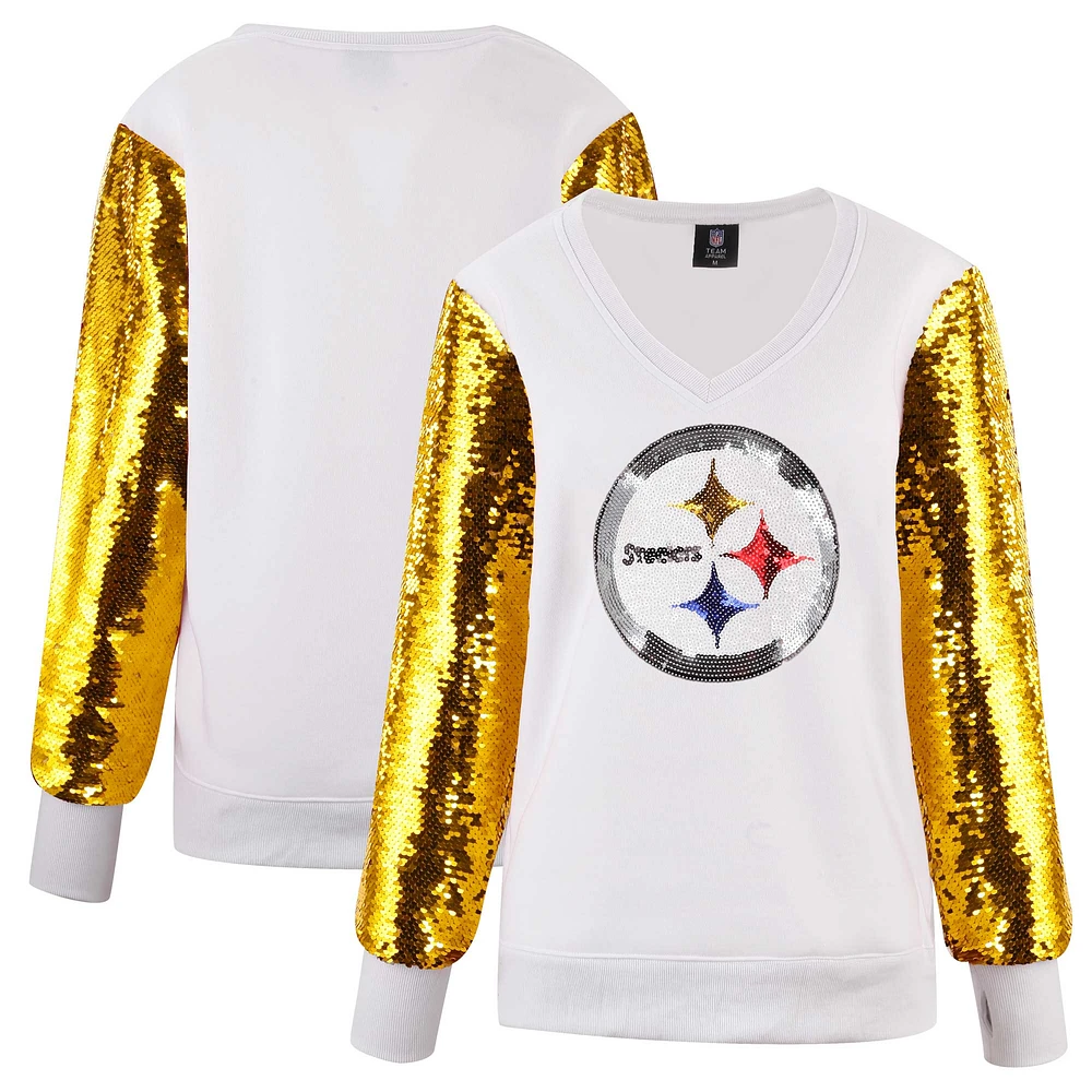 Women's Cuce White Pittsburgh Steelers Sequin Sleeve V-Neck Pullover Sweatshirt