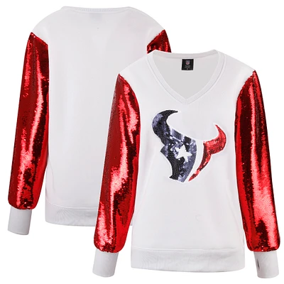 Women's Cuce White Houston Texans Sequin Sleeve V-Neck Pullover Sweatshirt