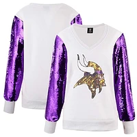 Women's Cuce White Minnesota Vikings Sequin Sleeve V-Neck Pullover Sweatshirt