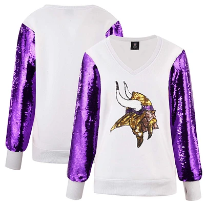 Women's Cuce White Minnesota Vikings Sequin Sleeve V-Neck Pullover Sweatshirt