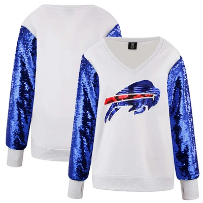 Women's Cuce White Buffalo Bills Sequin Sleeve V-Neck Pullover Sweatshirt