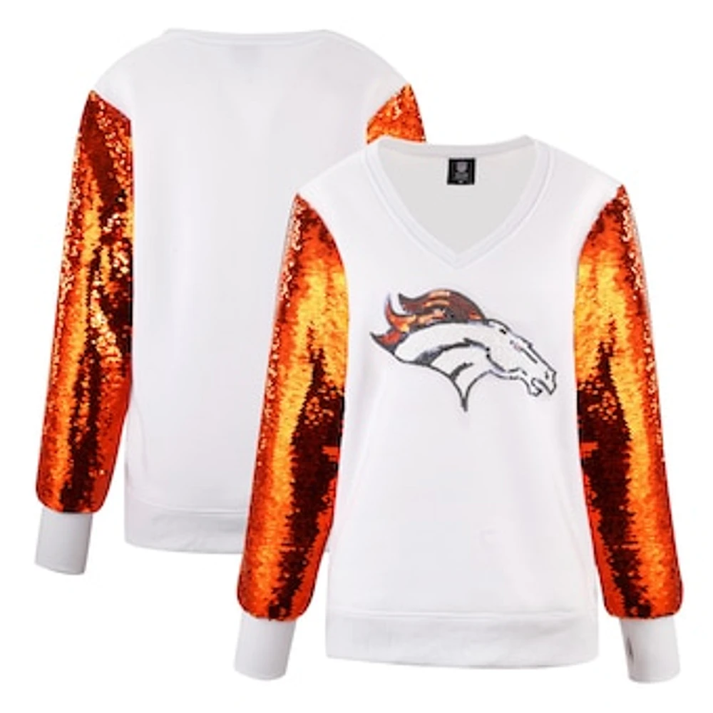 Women's Cuce White Denver Broncos Sequin Sleeve V-Neck Pullover Sweatshirt