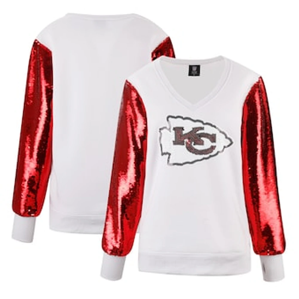 Women's Cuce White Kansas City Chiefs Sequin Sleeve V-Neck Pullover Sweatshirt