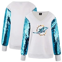 Women's Cuce White Miami Dolphins Sequin Sleeve V-Neck Pullover Sweatshirt