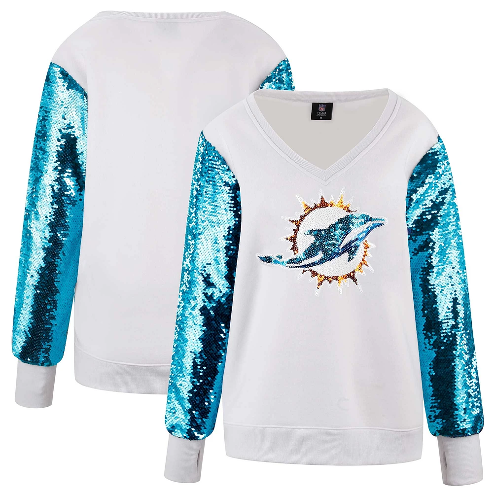 Women's Cuce White Miami Dolphins Sequin Sleeve V-Neck Pullover Sweatshirt