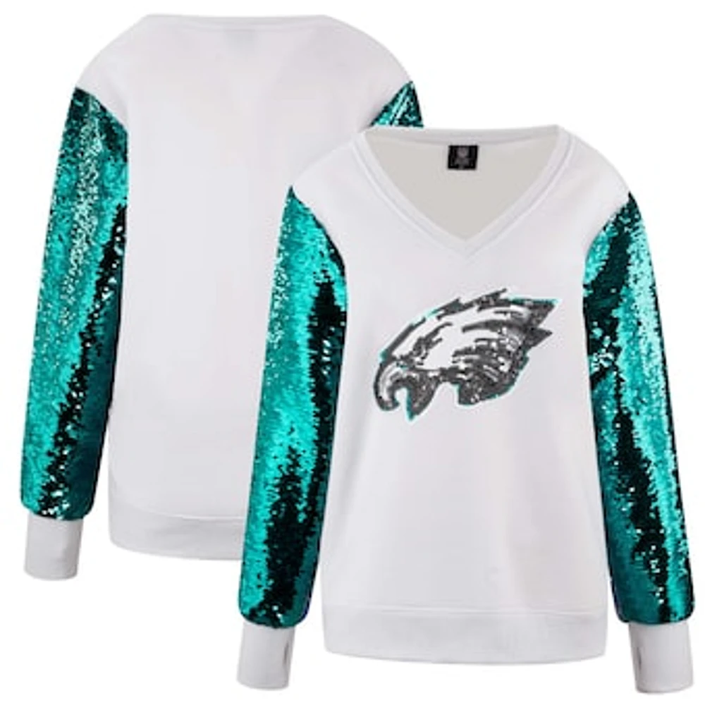 Women's Cuce White Philadelphia Eagles Sequin Sleeve V-Neck Pullover Sweatshirt