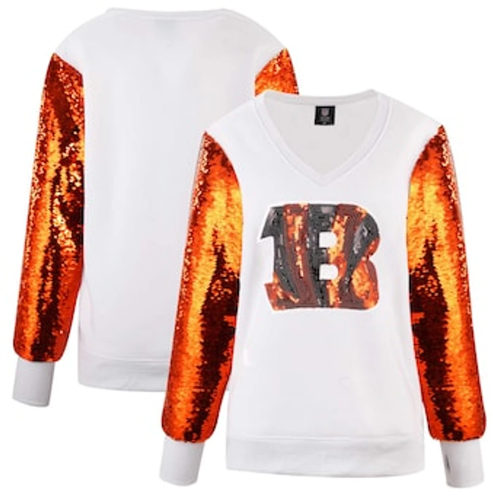 Women's Cuce White Cincinnati Bengals Sequin Sleeve V-Neck Pullover Sweatshirt