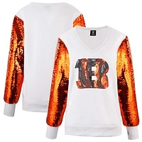 Women's Cuce White Cincinnati Bengals Sequin Sleeve V-Neck Pullover Sweatshirt