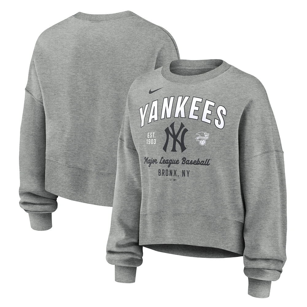 Women's Nike Heather Gray New York Yankees Oversized High Hip Pullover Sweatshirt