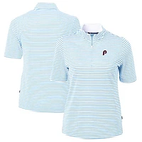 Women's Cutter & Buck Light Blue/White Philadelphia Phillies Cooperstown Collection Virtue Eco Pique Stripe Recycled Tri-Blend Quarter-Zip Top