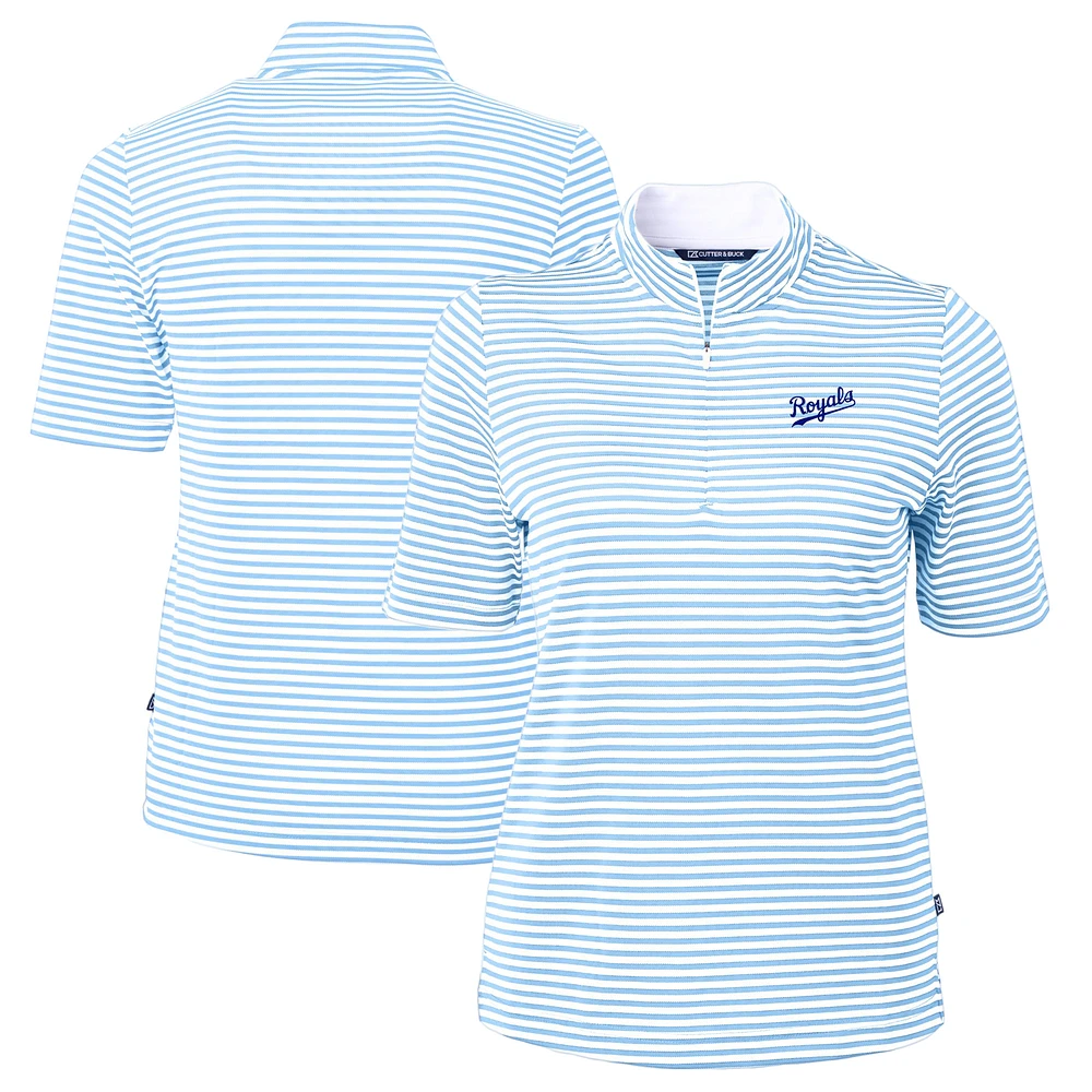 Women's Cutter & Buck Light Blue/White Kansas City Royals Virtue Eco Pique Stripe Recycled Tri-Blend Quarter-Zip Top