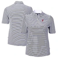 Women's Cutter & Buck Navy/White Cleveland Indians Cooperstown Collection Virtue Eco Pique Stripe Recycled Tri-Blend Quarter-Zip Top