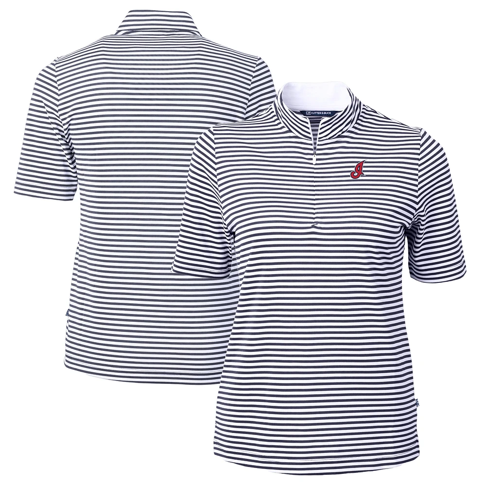 Women's Cutter & Buck Navy/White Cleveland Indians Cooperstown Collection Virtue Eco Pique Stripe Recycled Tri-Blend Quarter-Zip Top