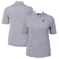 Women's Cutter & Buck Navy/White Cleveland Indians Cooperstown Collection Virtue Eco Pique Stripe Recycled Tri-Blend Quarter-Zip Top