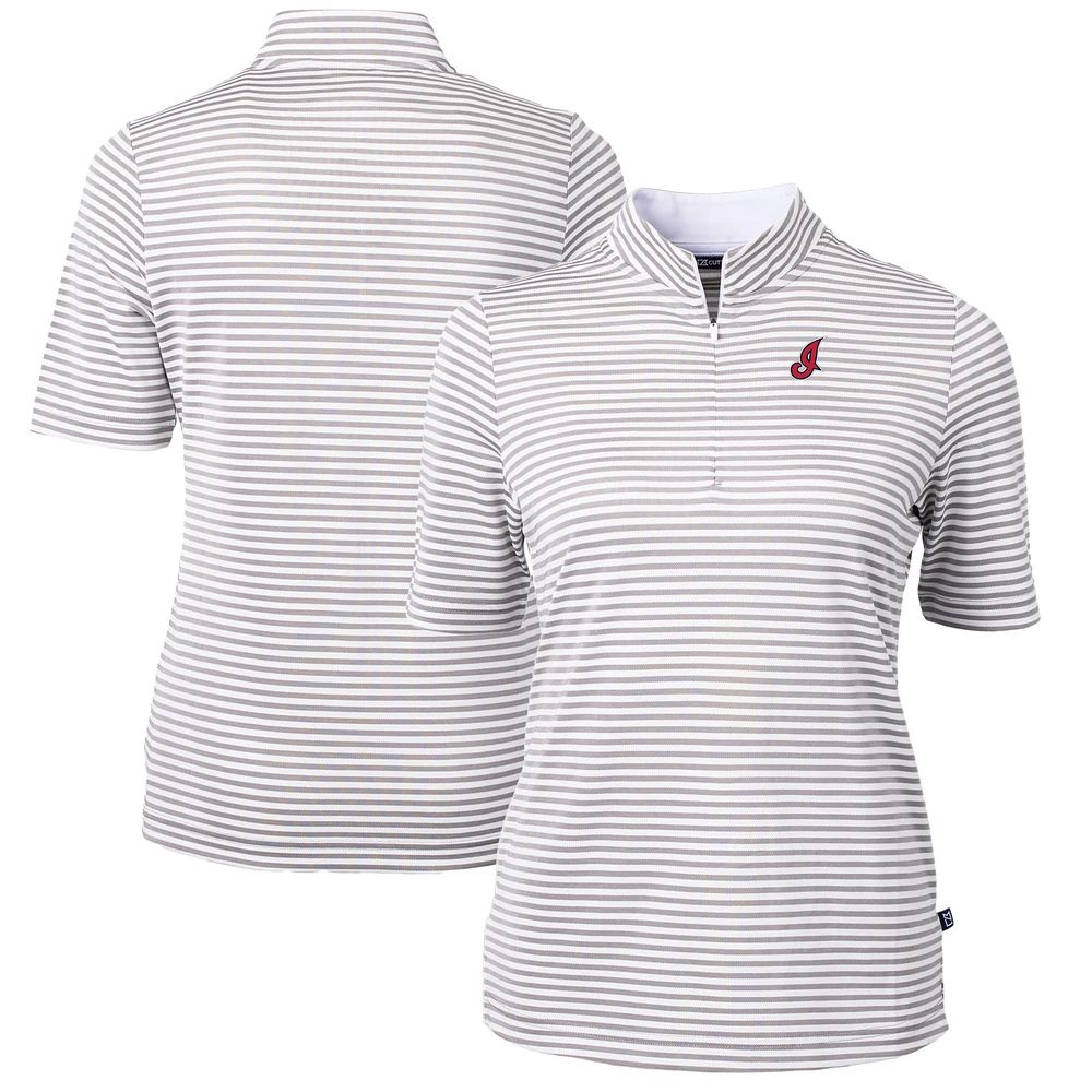 Women's Cutter & Buck Gray/White Cleveland Indians Cooperstown Collection Virtue Eco Pique Stripe Recycled Tri-Blend Quarter-Zip Top