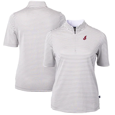 Women's Cutter & Buck Gray/White Cleveland Indians Cooperstown Collection Virtue Eco Pique Stripe Recycled Tri-Blend Quarter-Zip Top
