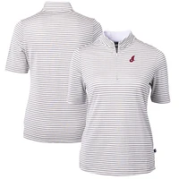Women's Cutter & Buck Gray/White Cleveland Indians Cooperstown Collection Virtue Eco Pique Stripe Recycled Tri-Blend Quarter-Zip Top