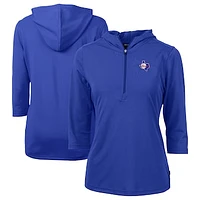 Women's Cutter & Buck Blue Texas Rangers Cooperstown Collection DryTec Virtue Eco Pique Recycled 3/4-Sleeve Half-Zip Pullover Hoodie