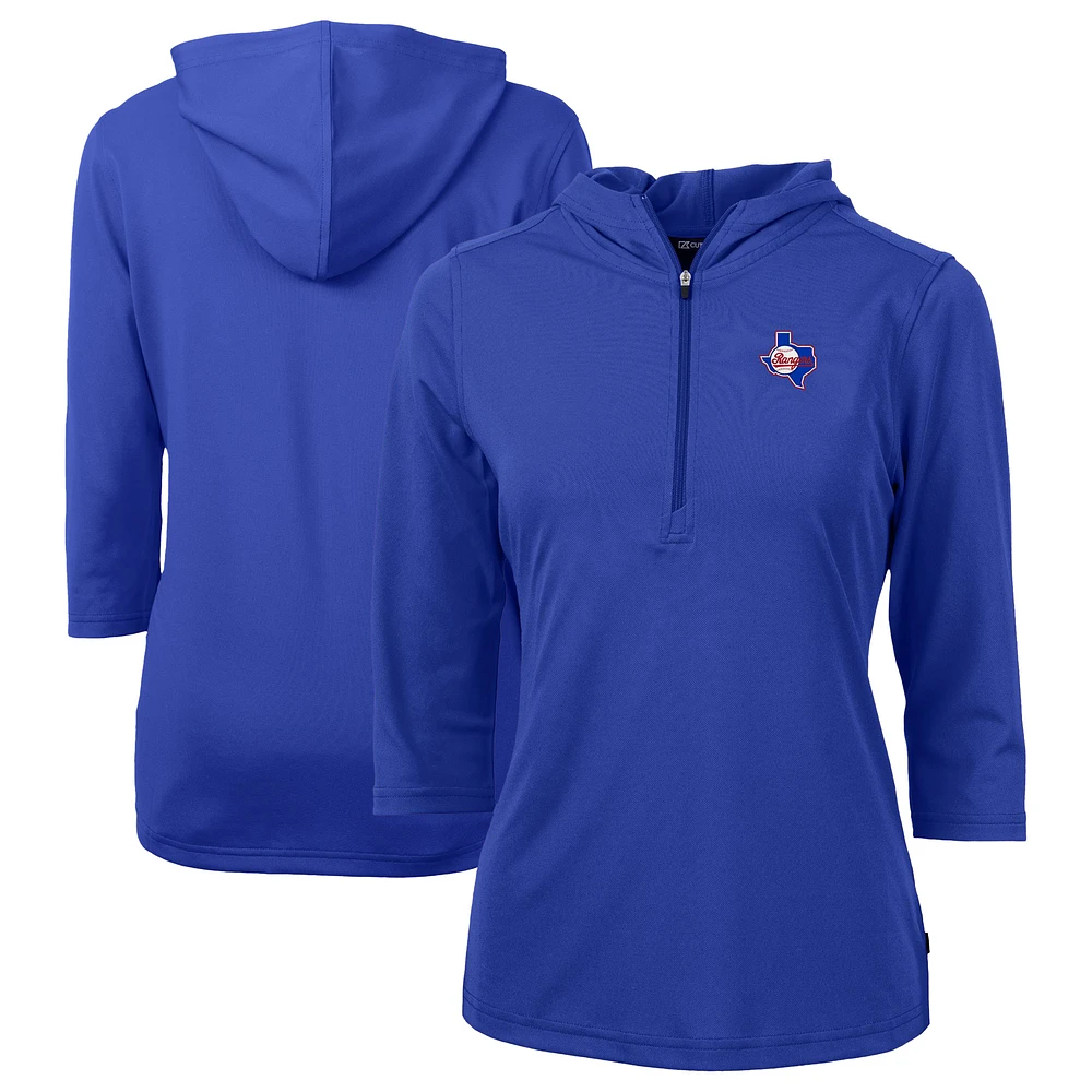Women's Cutter & Buck Blue Texas Rangers Cooperstown Collection DryTec Virtue Eco Pique Recycled 3/4-Sleeve Half-Zip Pullover Hoodie