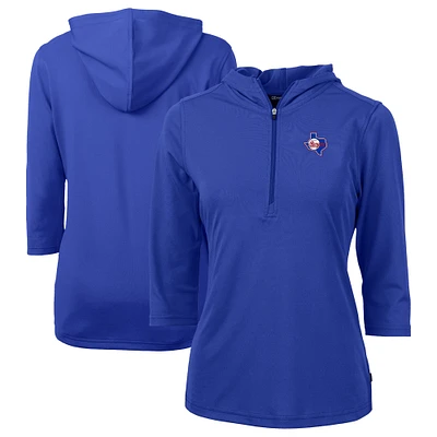 Women's Cutter & Buck Blue Texas Rangers Cooperstown Collection DryTec Virtue Eco Pique Recycled 3/4-Sleeve Half-Zip Pullover Hoodie
