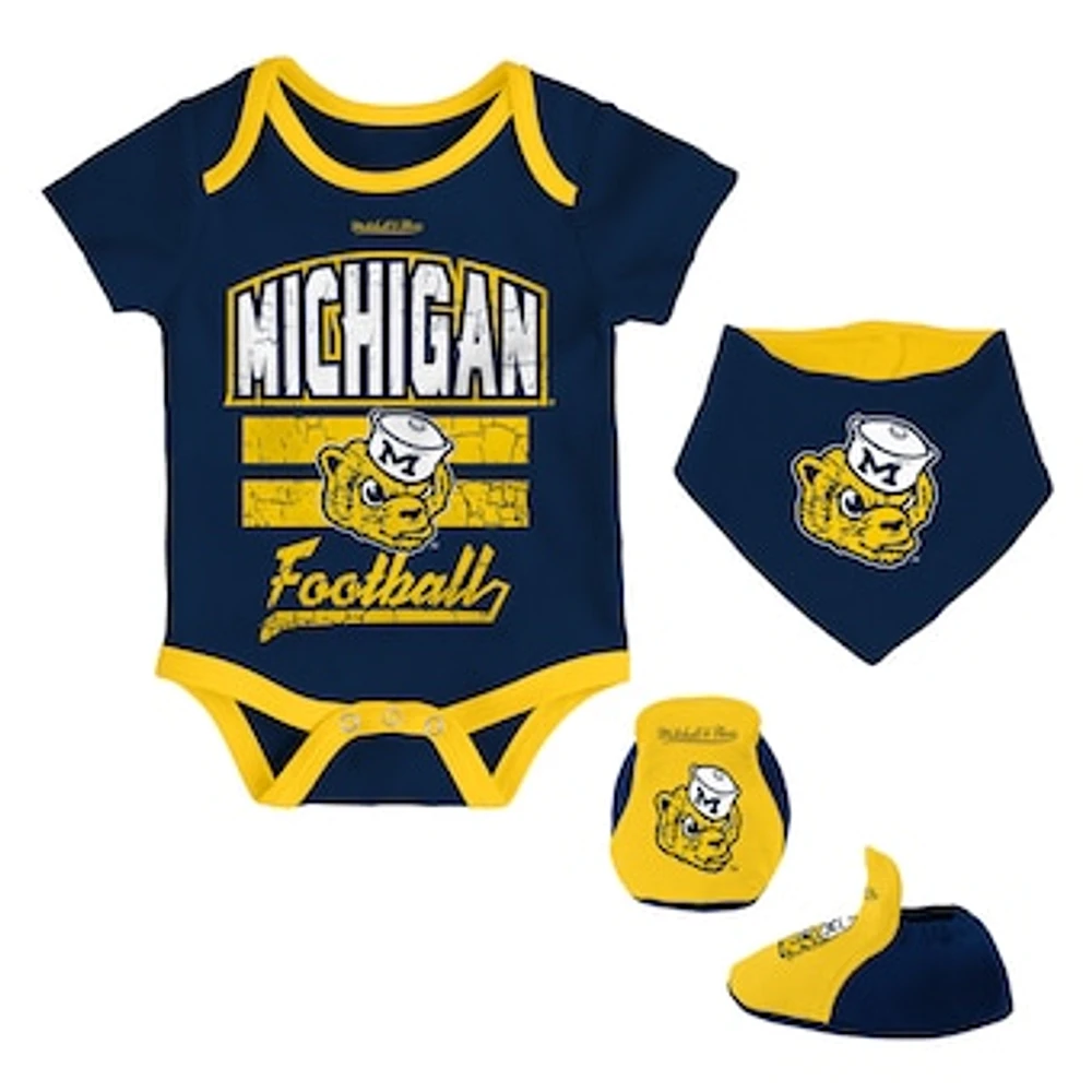 Newborn & Infant Mitchell Ness Navy Michigan Wolverines 3-Pack Bodysuit, Bib and Bootie Set