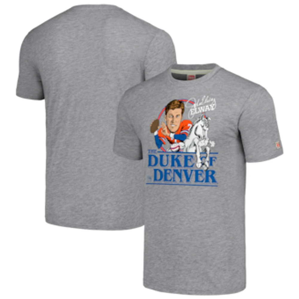 Men's Homage John Elway Heather Gray Denver Broncos Caricature Retired Player Tri-Blend T-Shirt